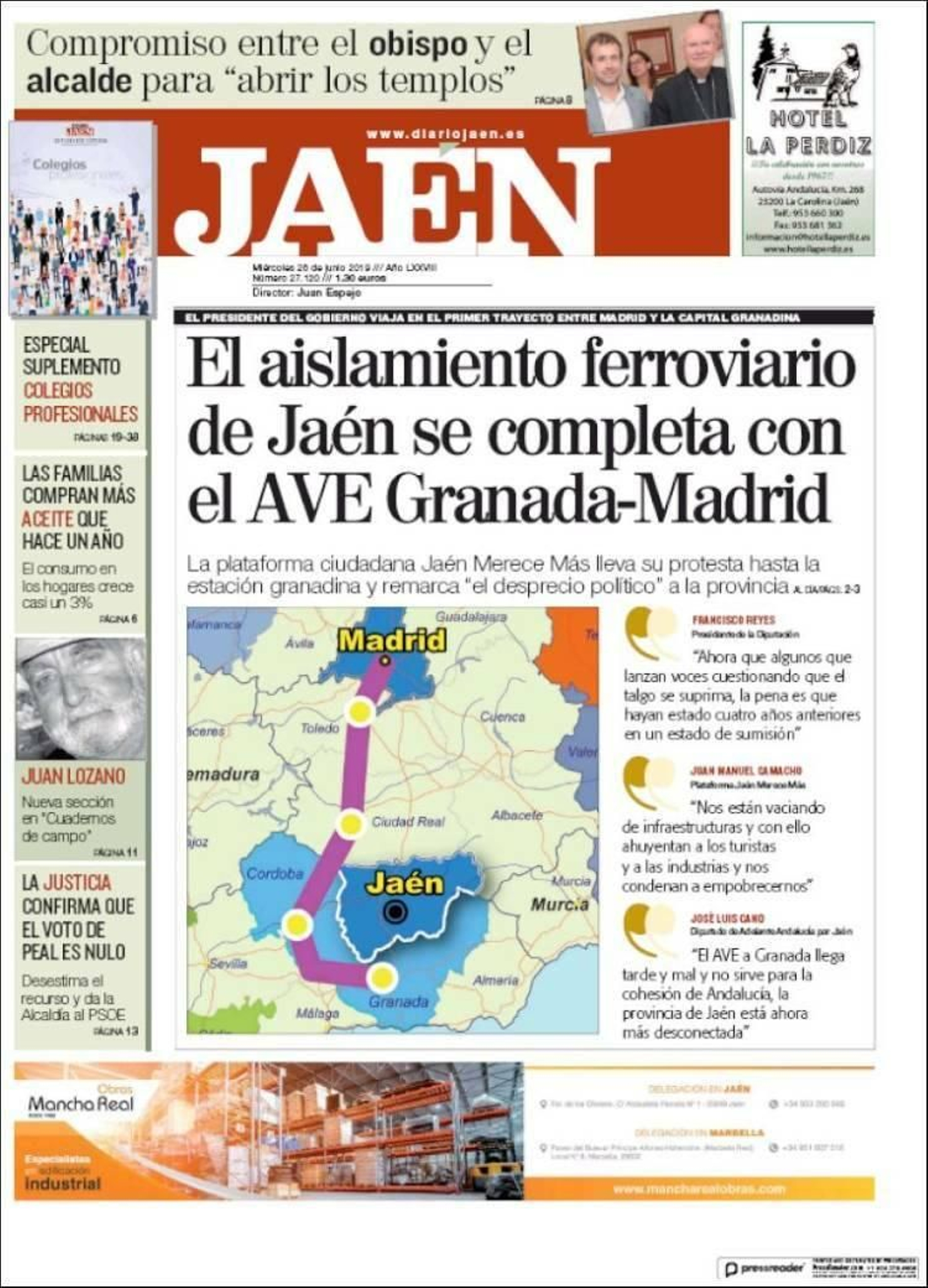 Portada de diario de Jaén del 26 de junio de 2019