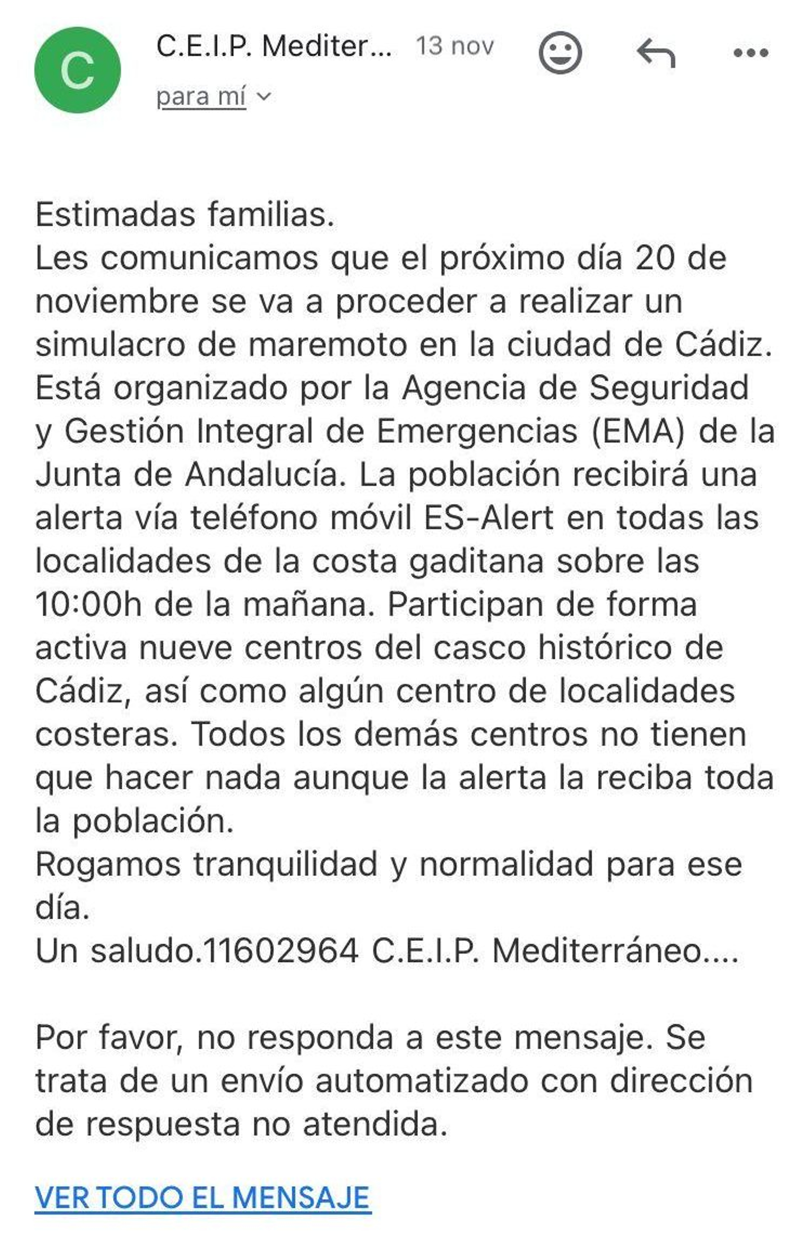 Aviso del simulacro a la comunidad educativa del Colegio Mediterráneo.