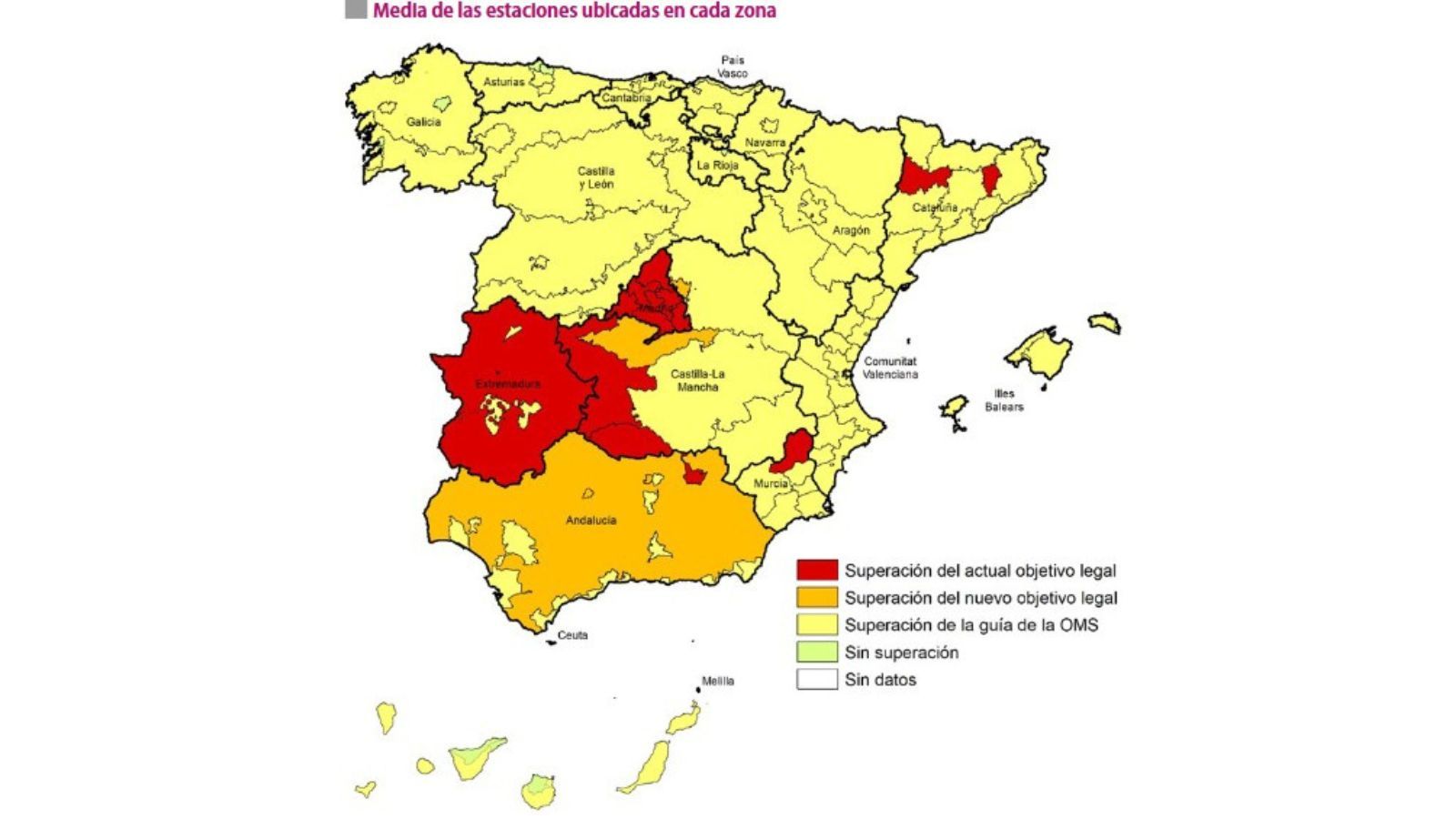 Los territorios más afectados por el ozono: Comunidad de Madrid, algunas zonas de Castilla-La Mancha, Extremadura, el interior de Cataluña y la Región de Murcia y la zona jiennense de Villanueva del Arzobispo, en Andalucía.