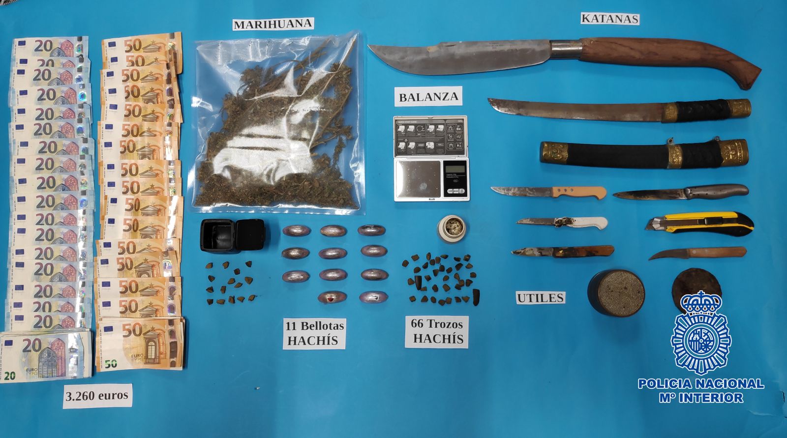 Drogas, armas y dinero entre otros objetos incautados por la Policía.