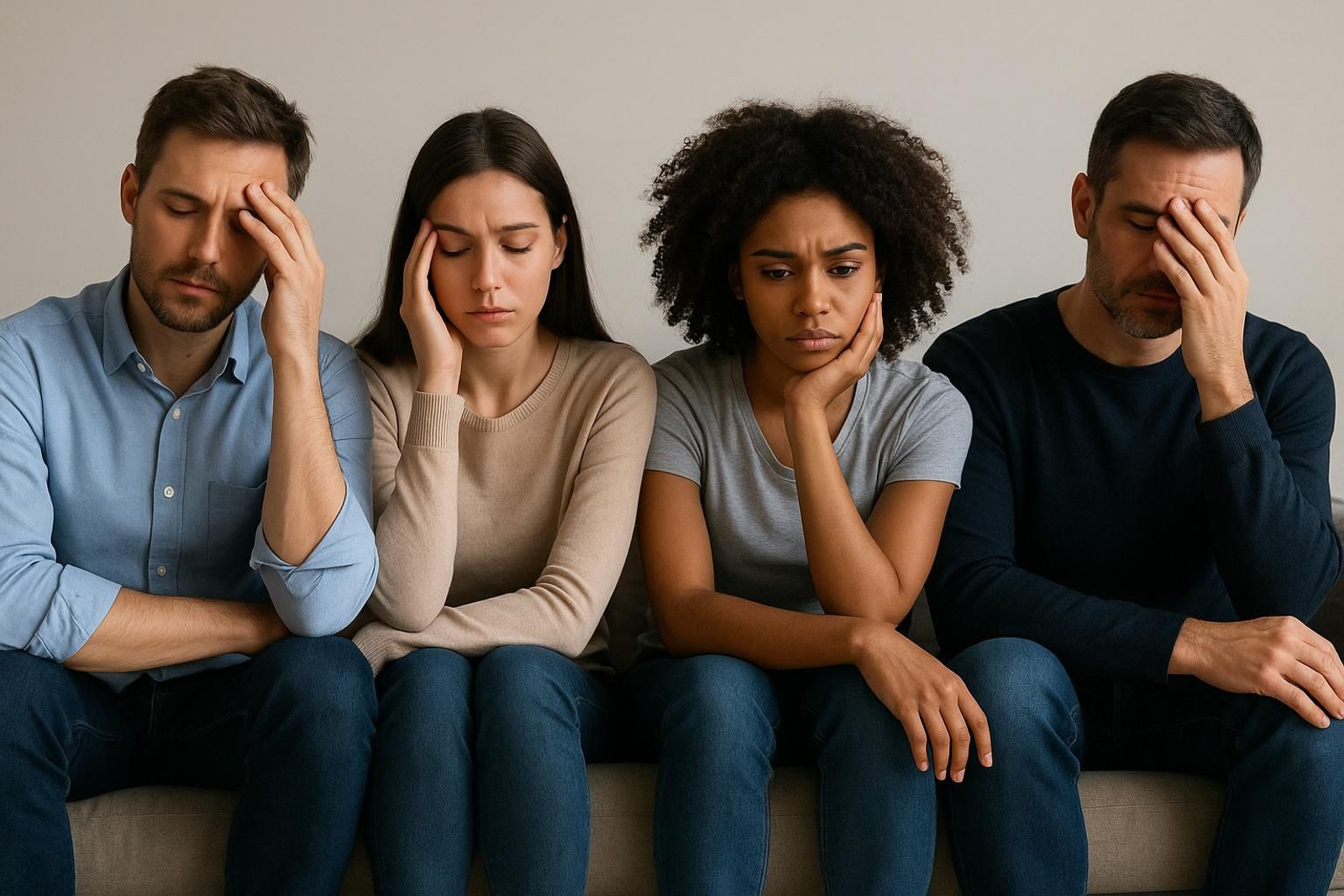 Un grupo de personas muestran cansancio mental.