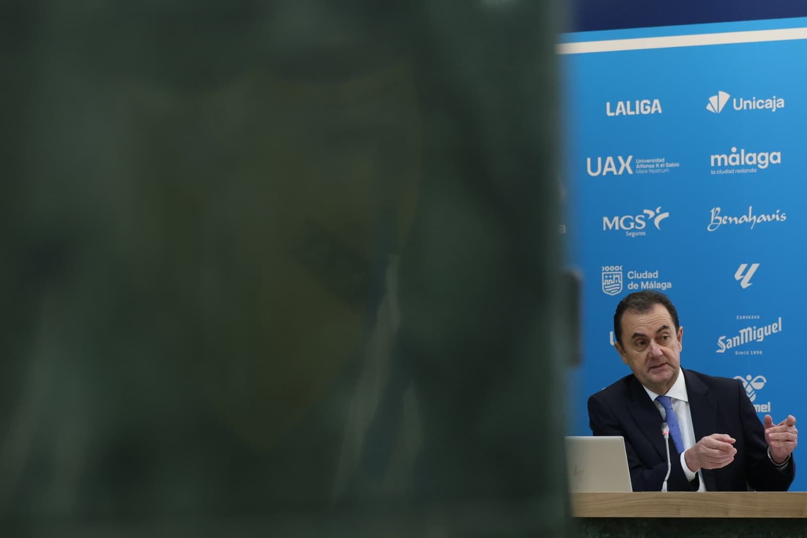 José María Muñoz, en la sala de prensa de La Rosaleda.