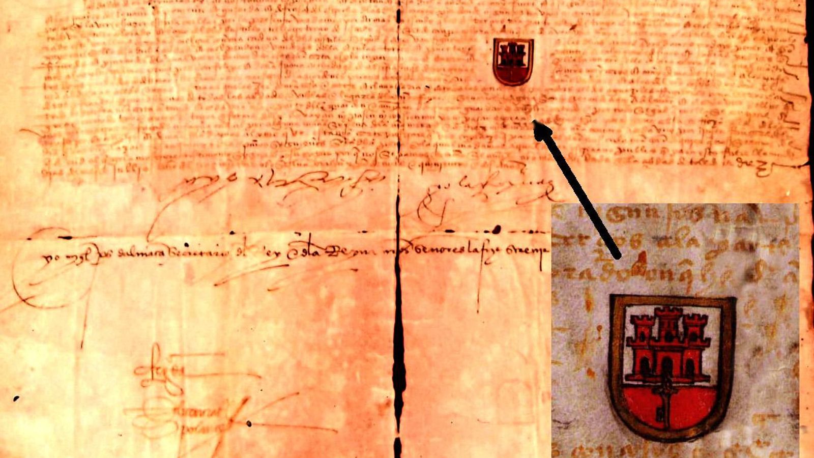 Cédula Real con el Escudo de Armas de Gibraltar otorgada a la ciudad el 10 de julio de 1502 por la reina Isabel I de Castilla. Se conserva en el Ayuntamiento de San Roque.