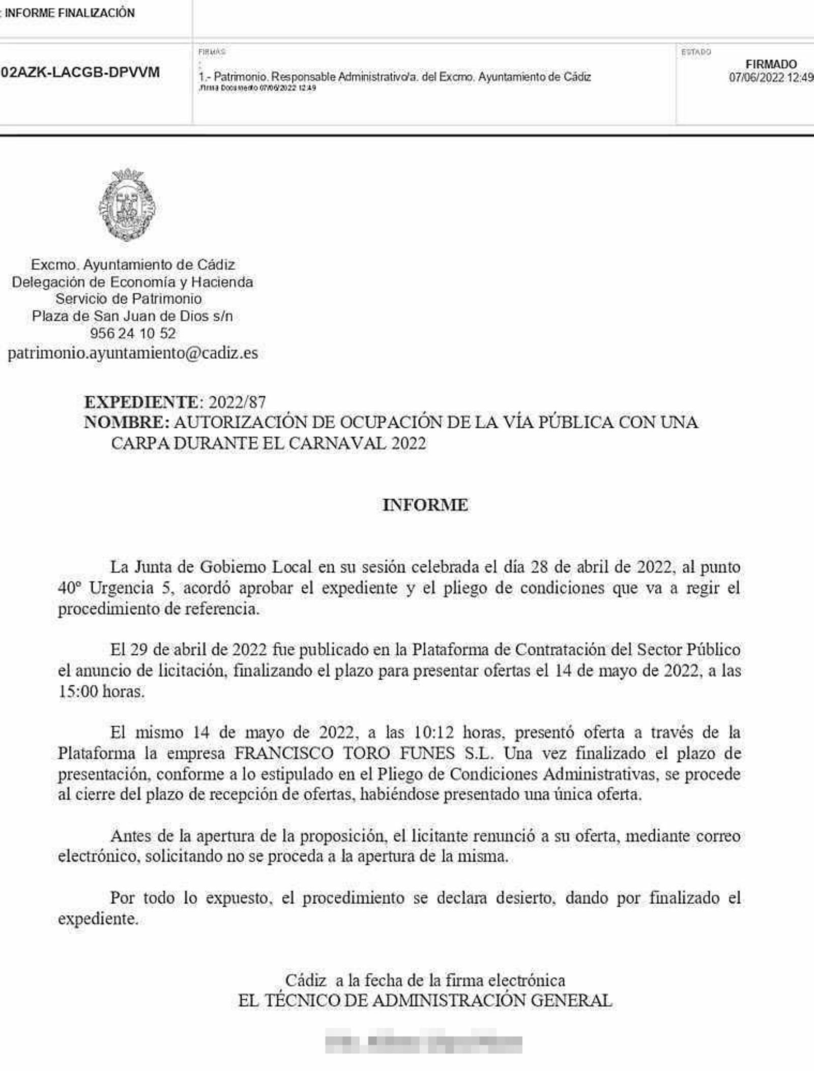 Informe municipal en el que se explica el proceso y resultado de la adjudicación.