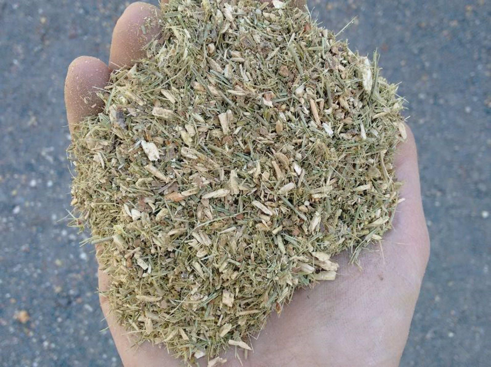 Biomasa de rama finas y hoja trituradas antes de ser peletizada