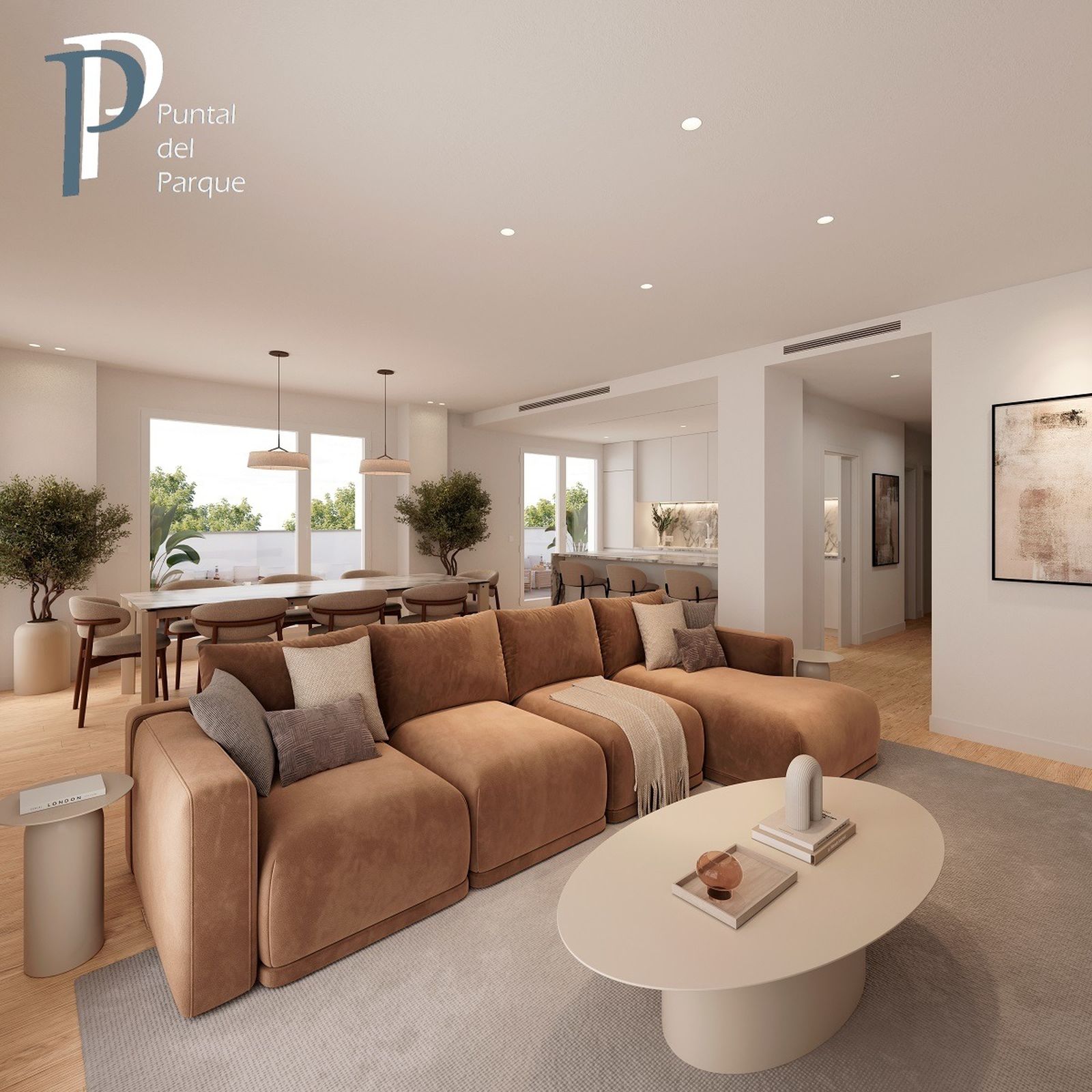 Simulación de un salón-comedor del futuro edificio de Capitán Ontañón, en una promoción que contempla pisos de hasta cuatro dormitorios.