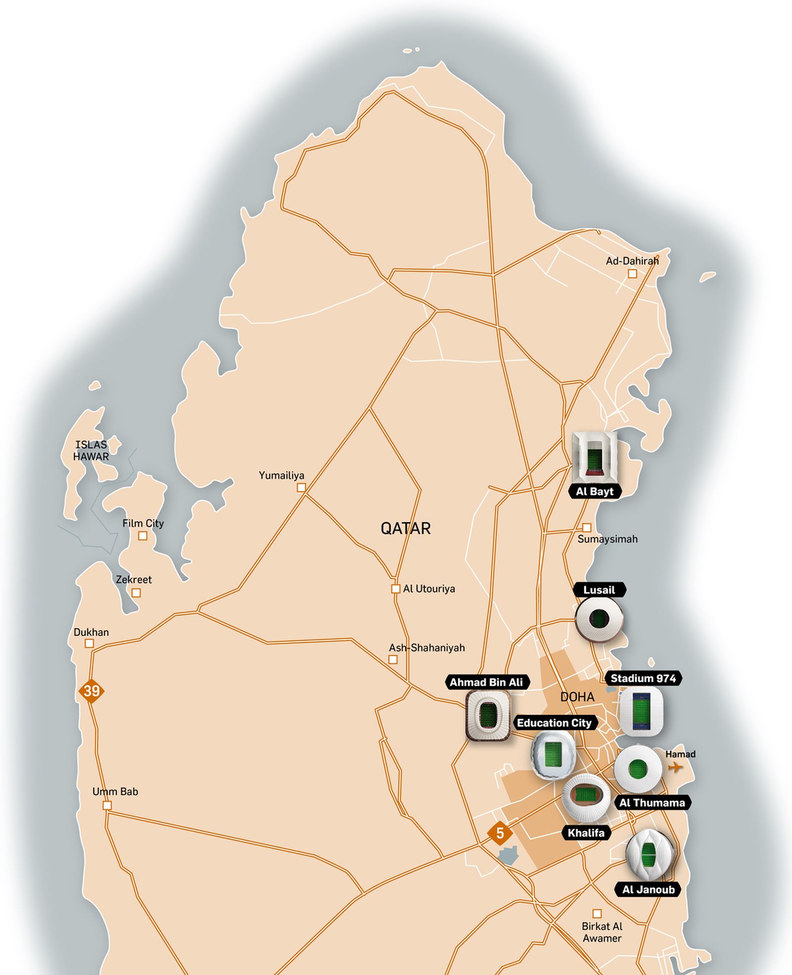 Mapa de Qatar con los estadios.