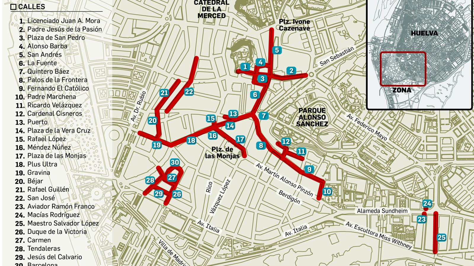 Calles adoquinadas en Huelva capital