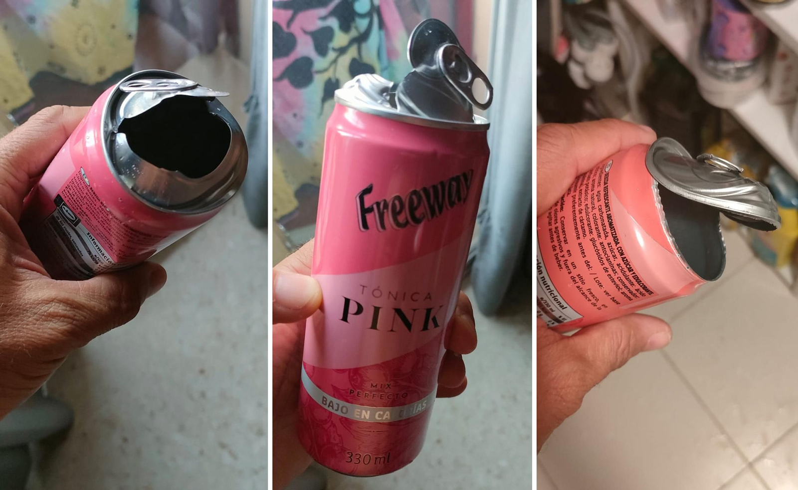 Imagen de tres latas de tónica Freeway Pink de Lidl tras las explosiones Imagen de tres latas de tónica Freeway Pink de Lidl tras las explosiones