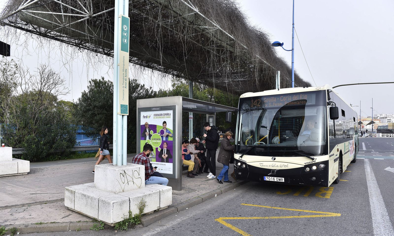 Parada de autobuses metropolitanos junto a la Torre Sevilla.