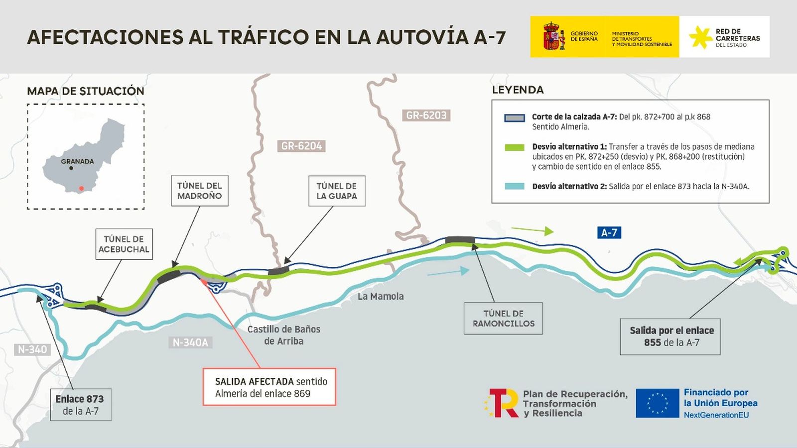 Imagen de las afecciones al tráfico en la A 7 entre los kilómetros 872 y 868