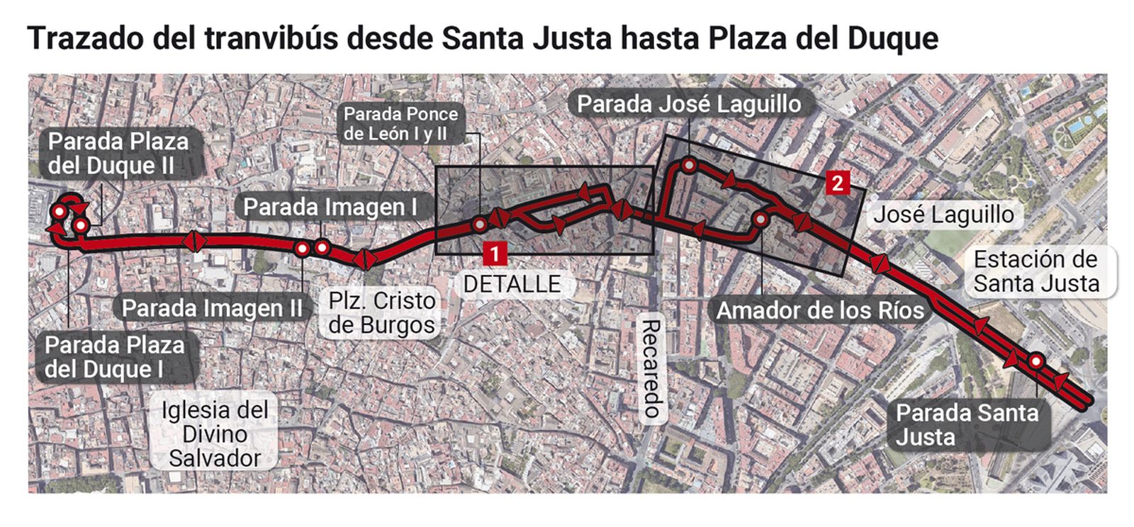 Trazado del tranvibús desde Santa Justa hasta plaza del Duque. Fuente: TUSSAM
