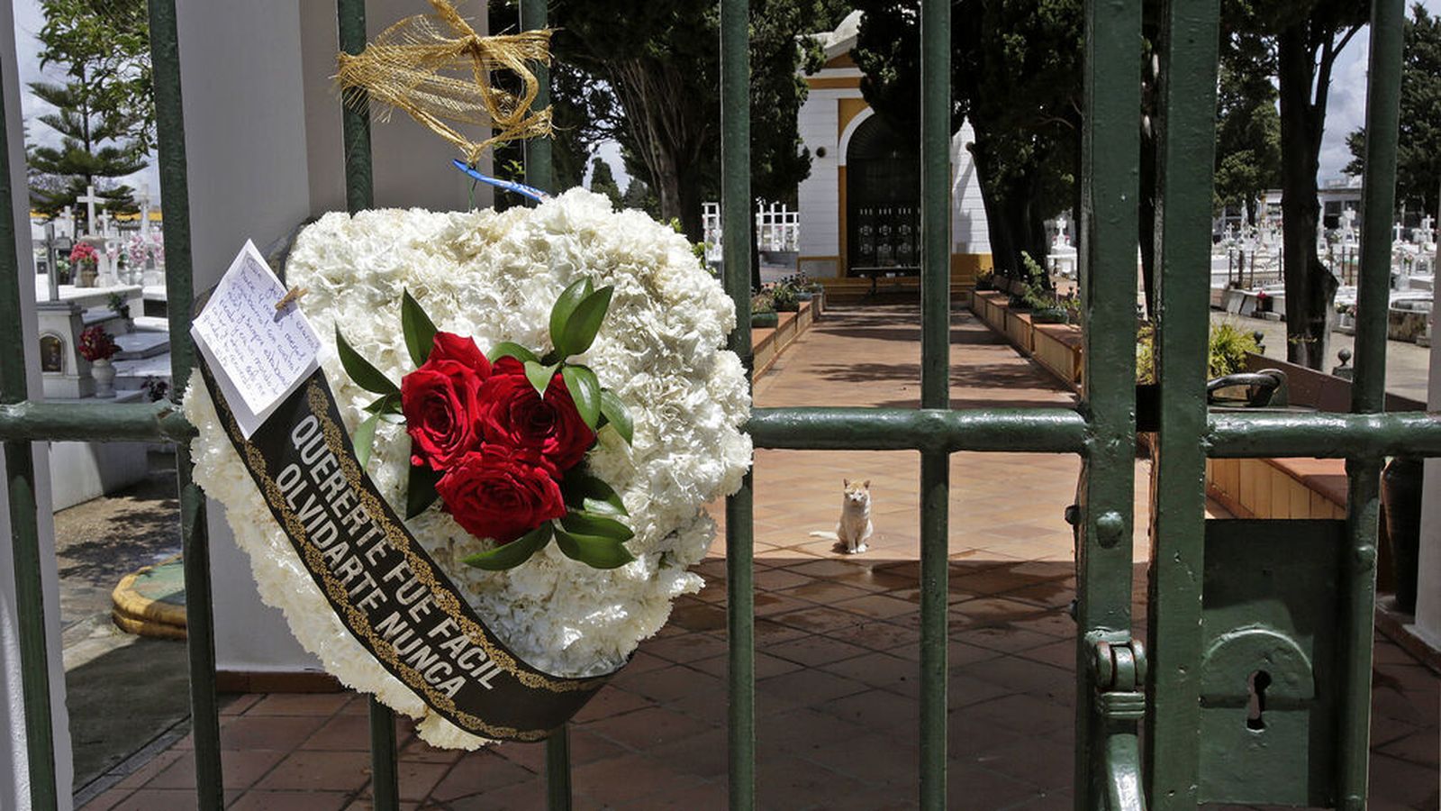 Una corona de flores en un cementerio de la provincia.