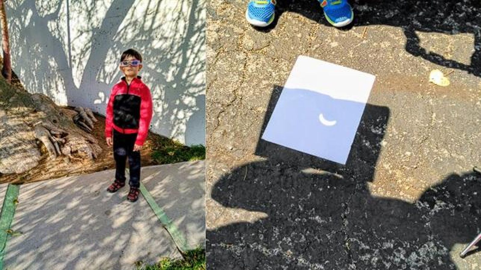 Izquierda: Para los observadores más jóvenes, comprobad que las gafas de eclipse cubren bien los ojos y no resbalan. Sobre la pared y el suelo se puede apreciar la forma peculiar (en media luna) de la sombra de las hojas del árbol. Fase parcial del eclipse total de julio 2019 en La Serena, Chile.