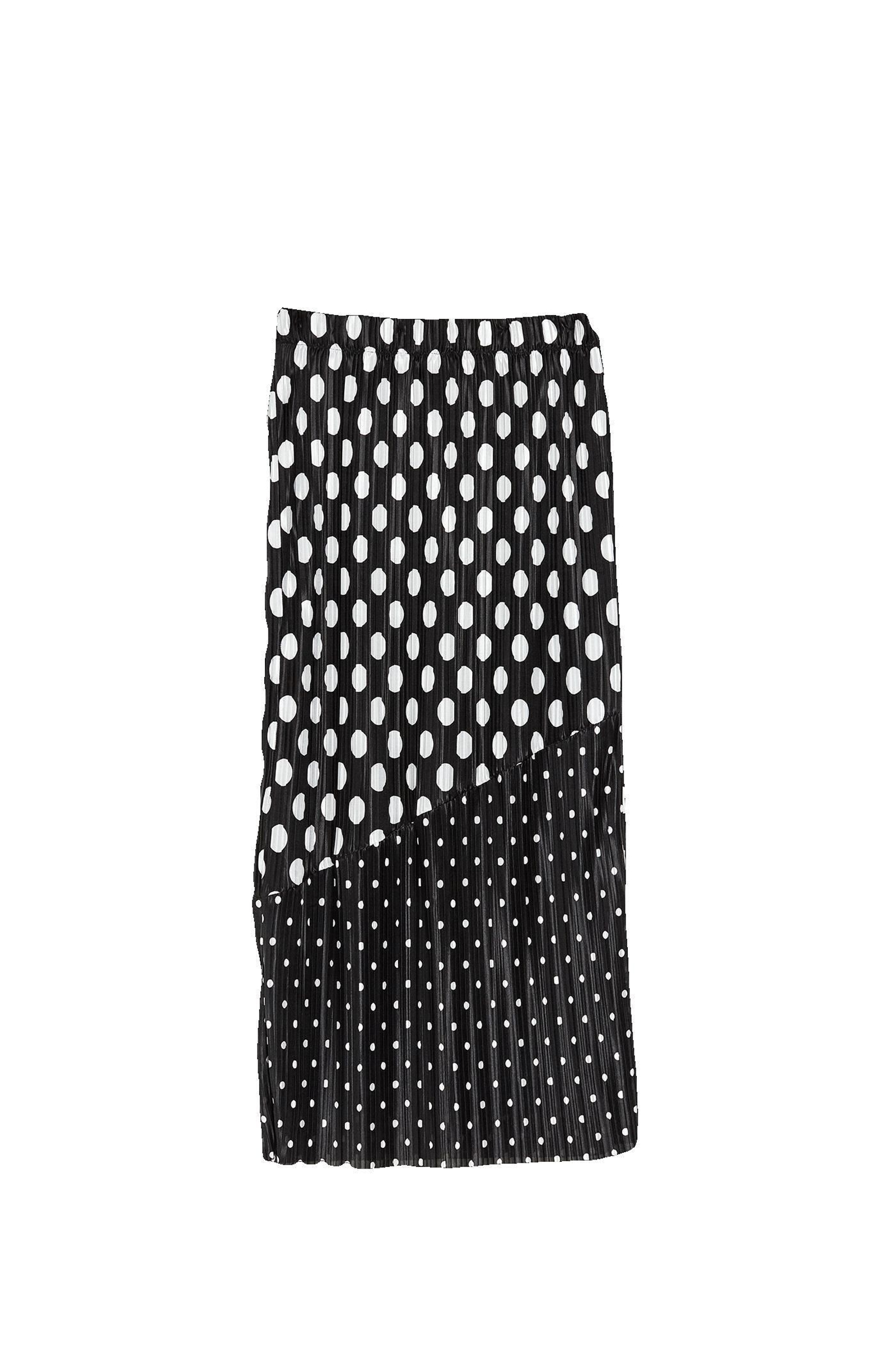Falda plisada con lunares de diferente tamaño efecto patchwork, de Sfera.