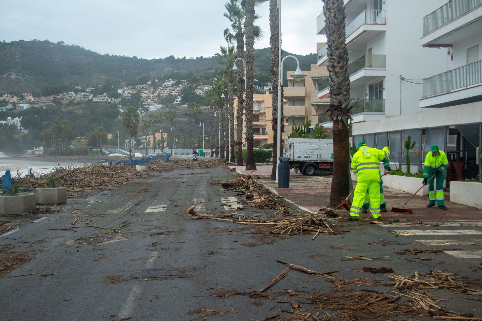 Las cañaveras, arena y piedras se hacen con parte del paseo marítimo de La Herradura