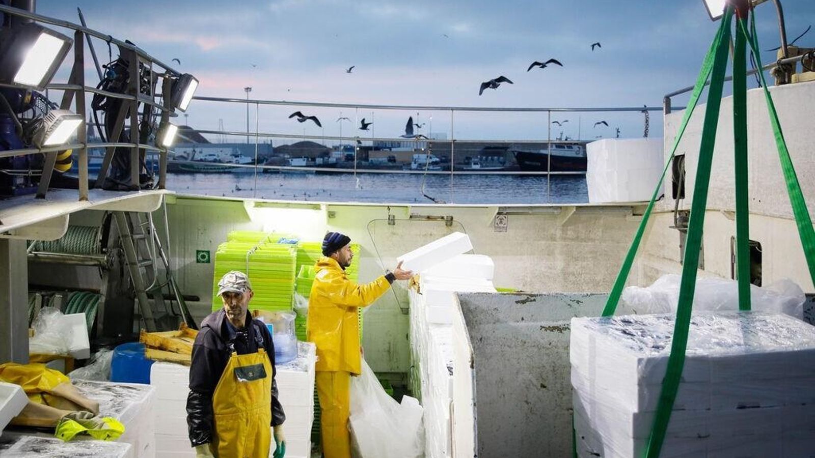 El barco trabaja al amanecer.