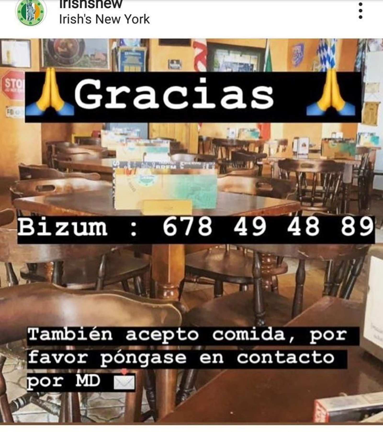 Mensaje difundido por el dueño del pub de San Fernando pidiendo comida.