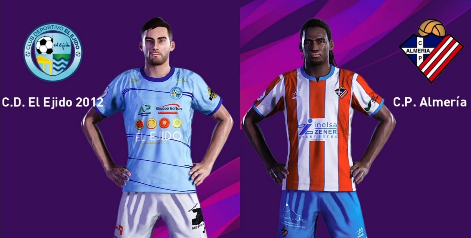 Diseños muy conseguidos de las equipaciones del CD El Ejido y el Poli Almería para el videojuego Pro Evolution Soccer 2020.