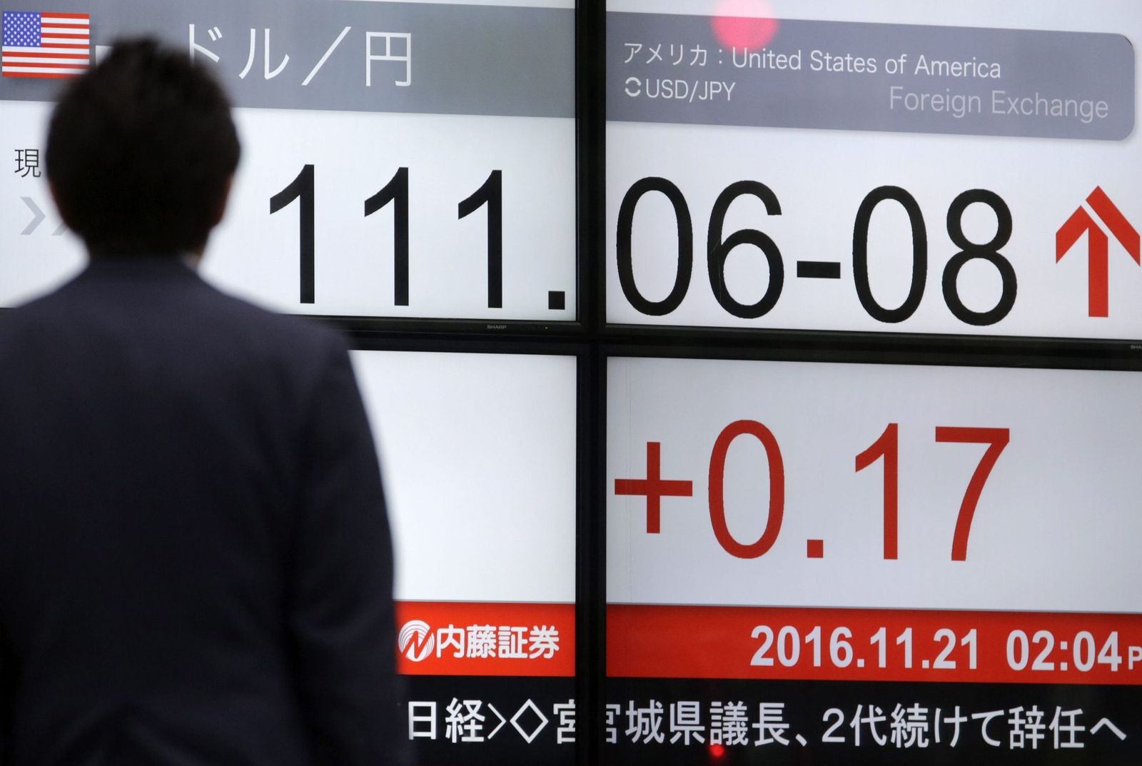 Imagen de archivo de una pantalla con el índice de cambio del yen frente al dólar en Tokio.