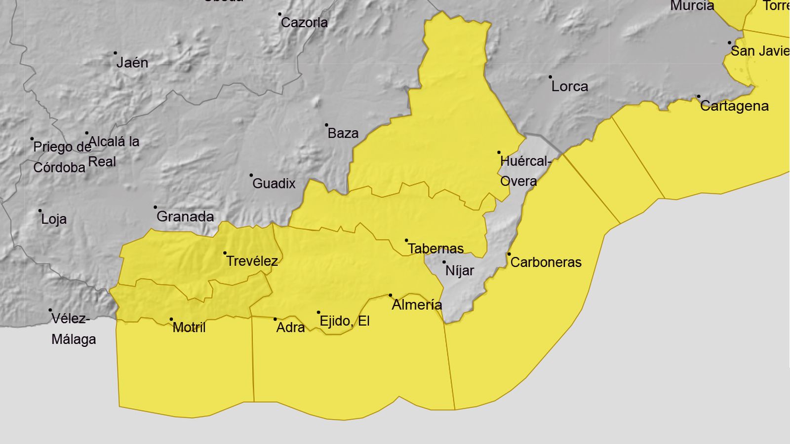 Alerta amarilla por viento y fenómenos costeros para el jueves 22 de enero en Almería.