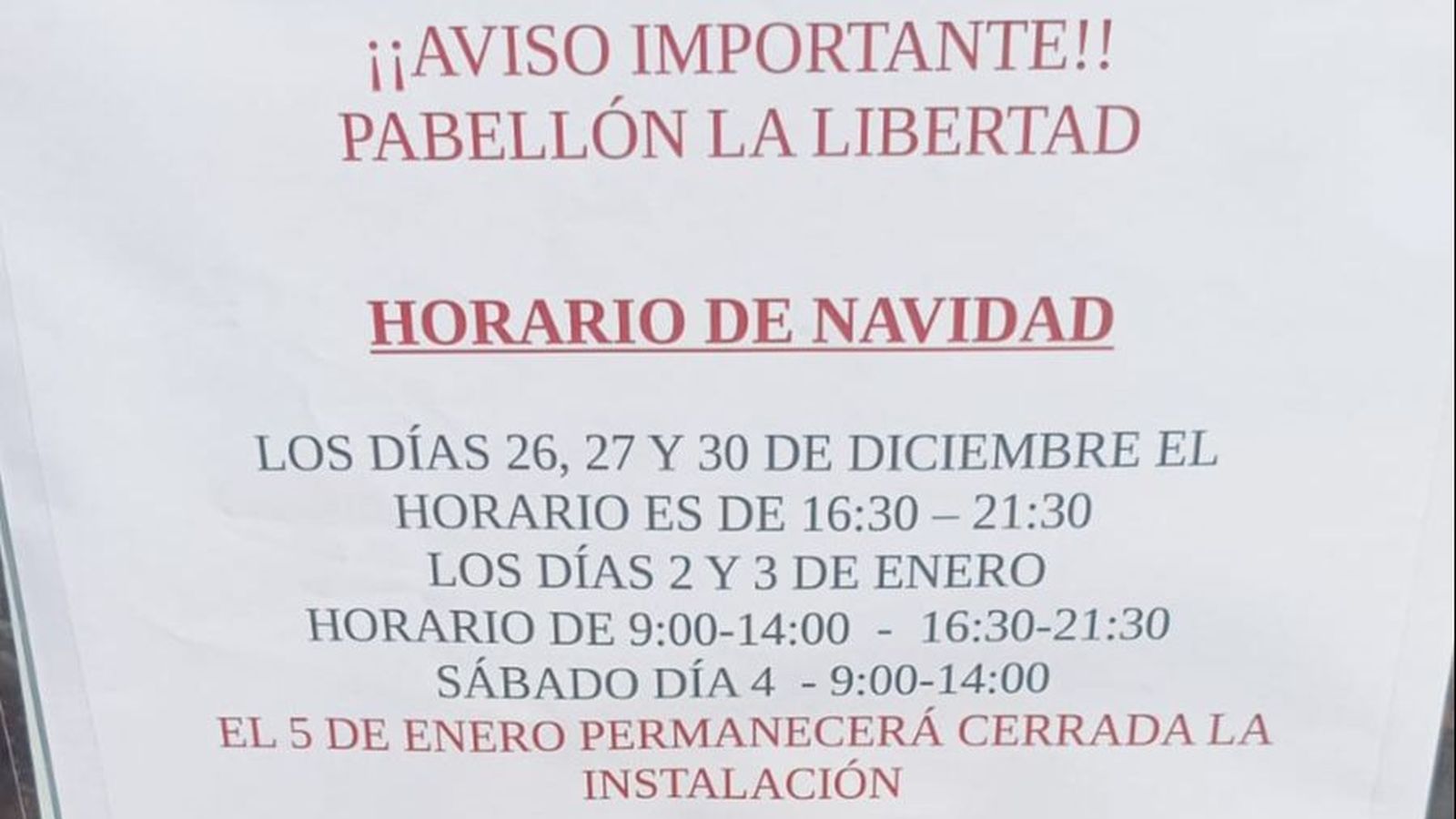 Nuevo horario establecido por el Ayuntamiento en el pabellón