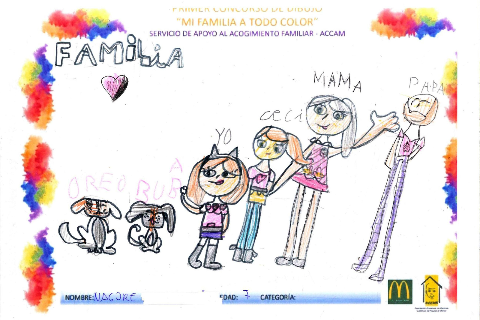 Dibujo realizado por una pequeña de 7 años, en el concurso ‘Mi familia a todo color’, del Servicio de Acogimiento Familiar de ACCAM Dibujo realizado por una pequeña de 7 años, en el concurso ‘Mi familia a todo color’, del Servicio de Acogimiento Familiar de ACCAM