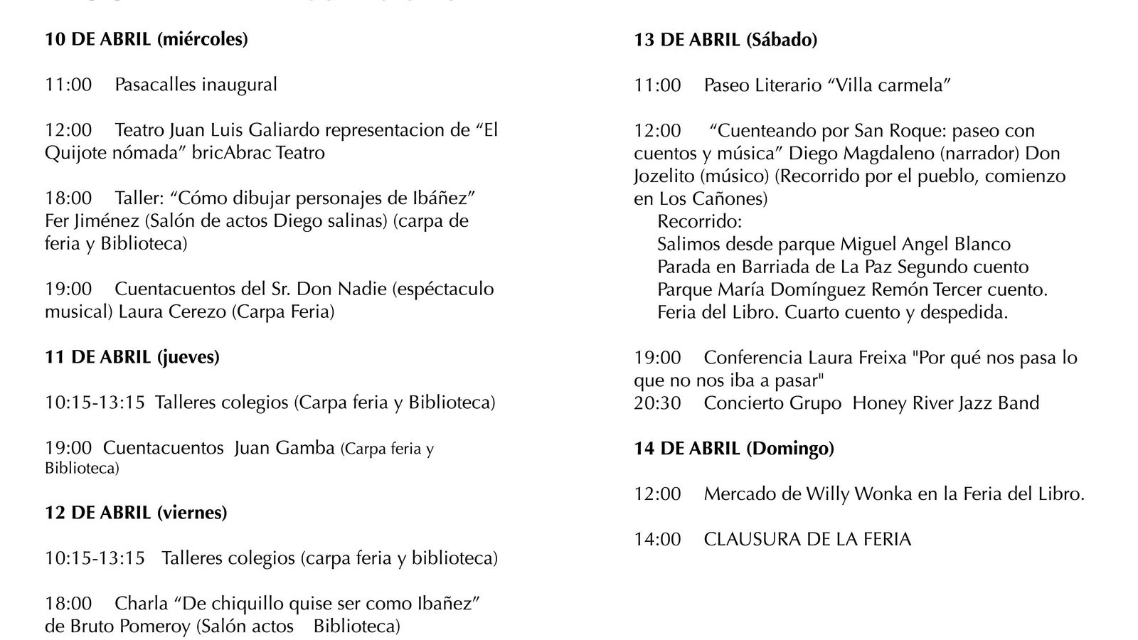 Programa Feria del Libro de San Roque