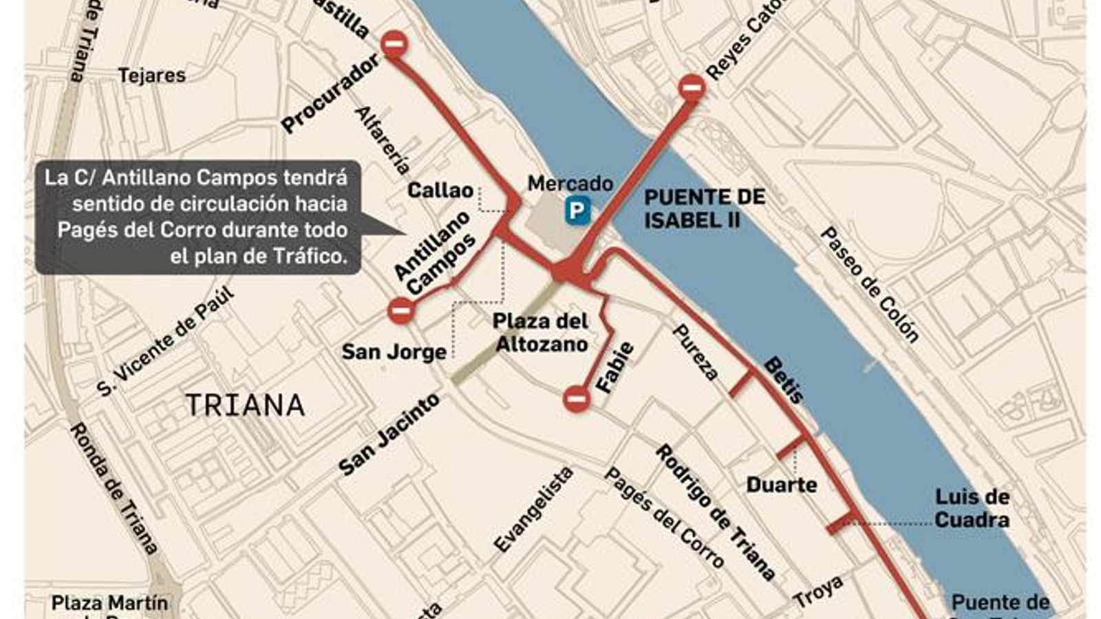 Cortes totales de tráfico a partir de las 18 horas. Fuente: Ayuntamiento de Sevilla.