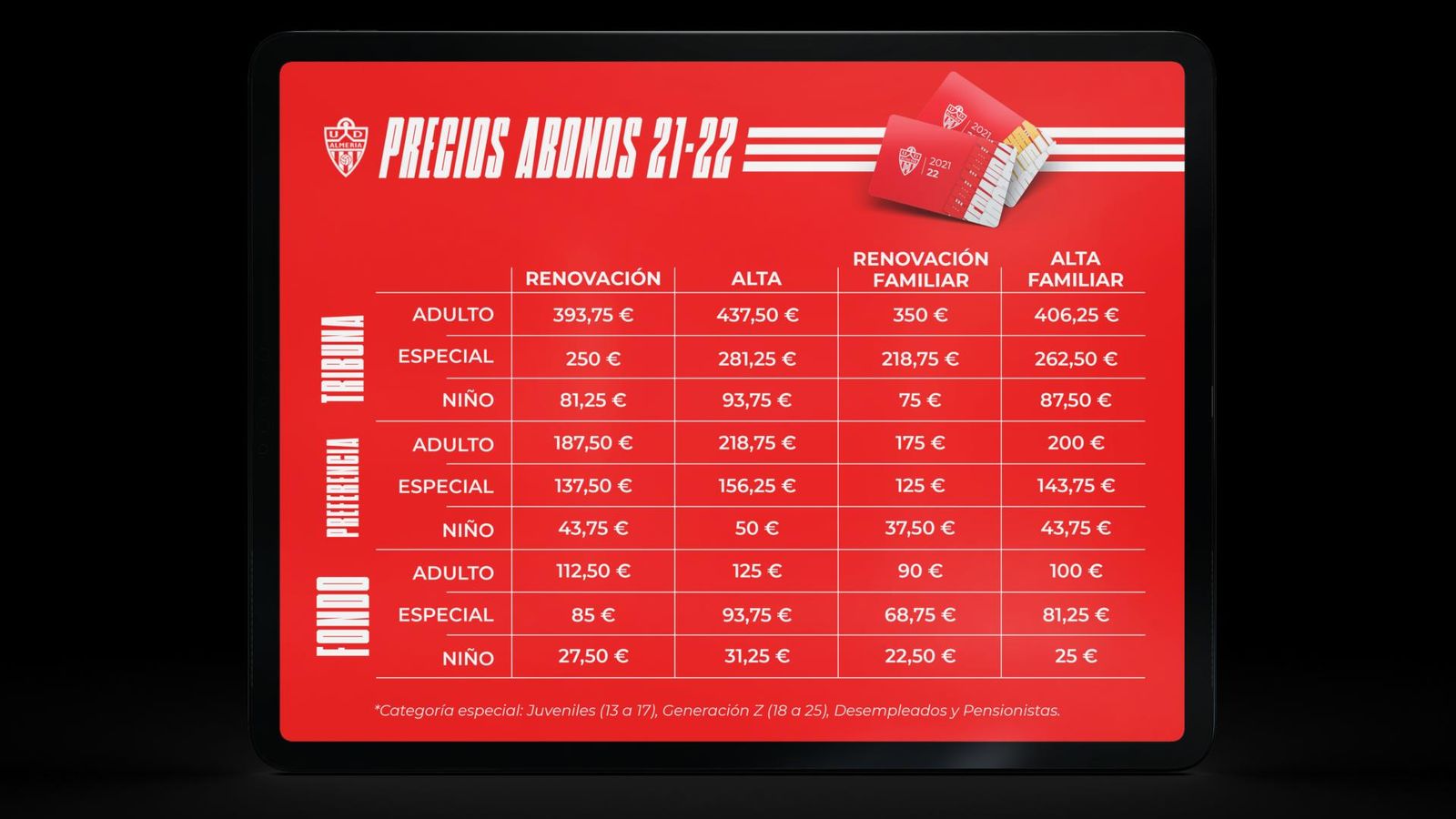 Tabla de precios de los abonos vigente en el curso 2021-2022