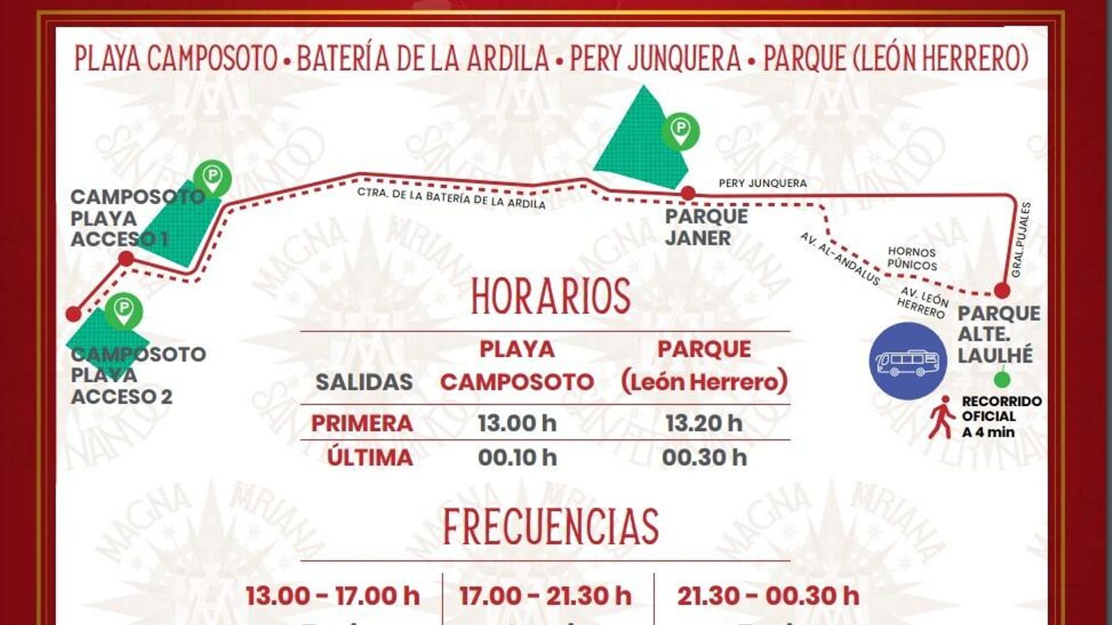 Recorrido y horarios del servicio de lanzaderas que habilitará el Ayuntamiento de San Fernando para la Magna Mariana.