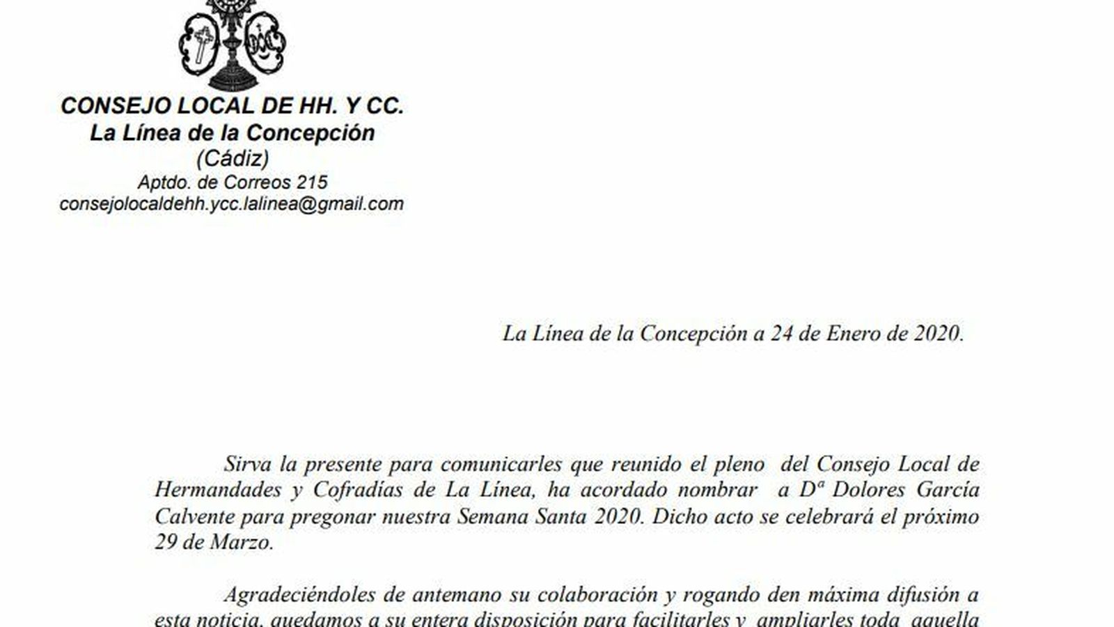 Comunicado del consejo local de hermandades de La Línea.