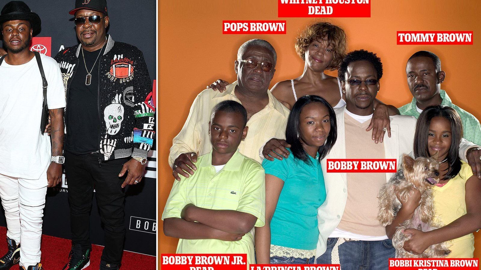 Whitney Houston con Bobby Brown, su hija, dos cuñados, y dos de los hijastros de la cantante.