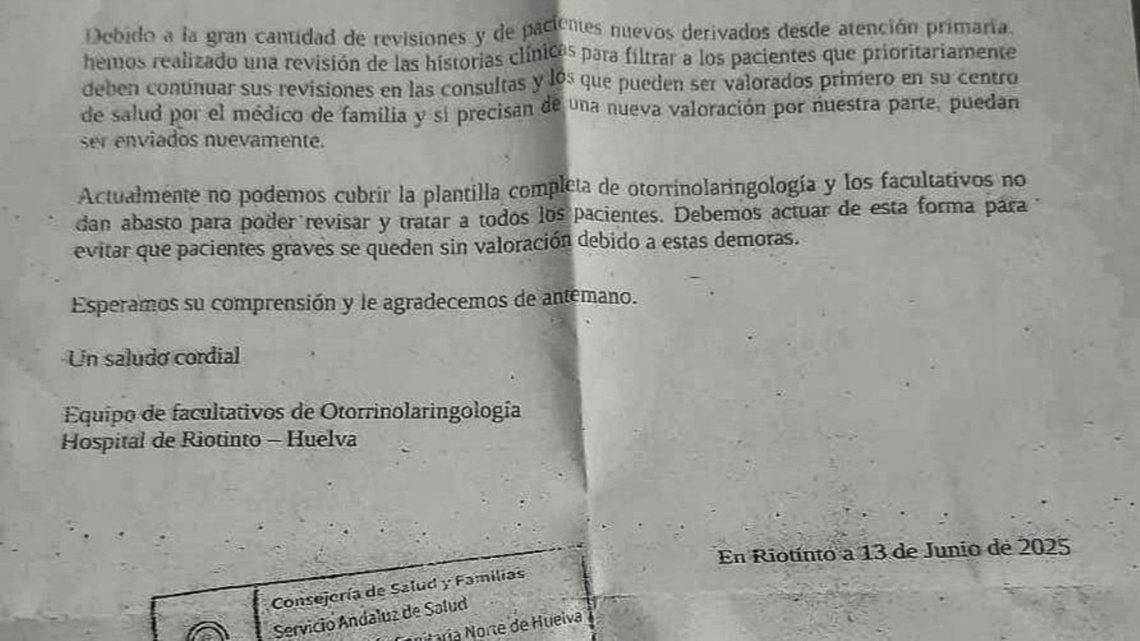 Comunicado emitido por el Hospital de Riotinto.