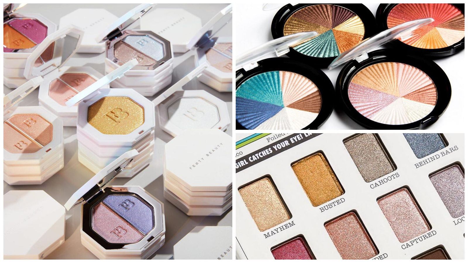 Sombras 'shimmer': Foils de Fenty Beauty (izquierda); Color Icon Zodiac Collection de Wet N Wild (derecha arriba); The Daily Press de The Balm (derecha abajo).
