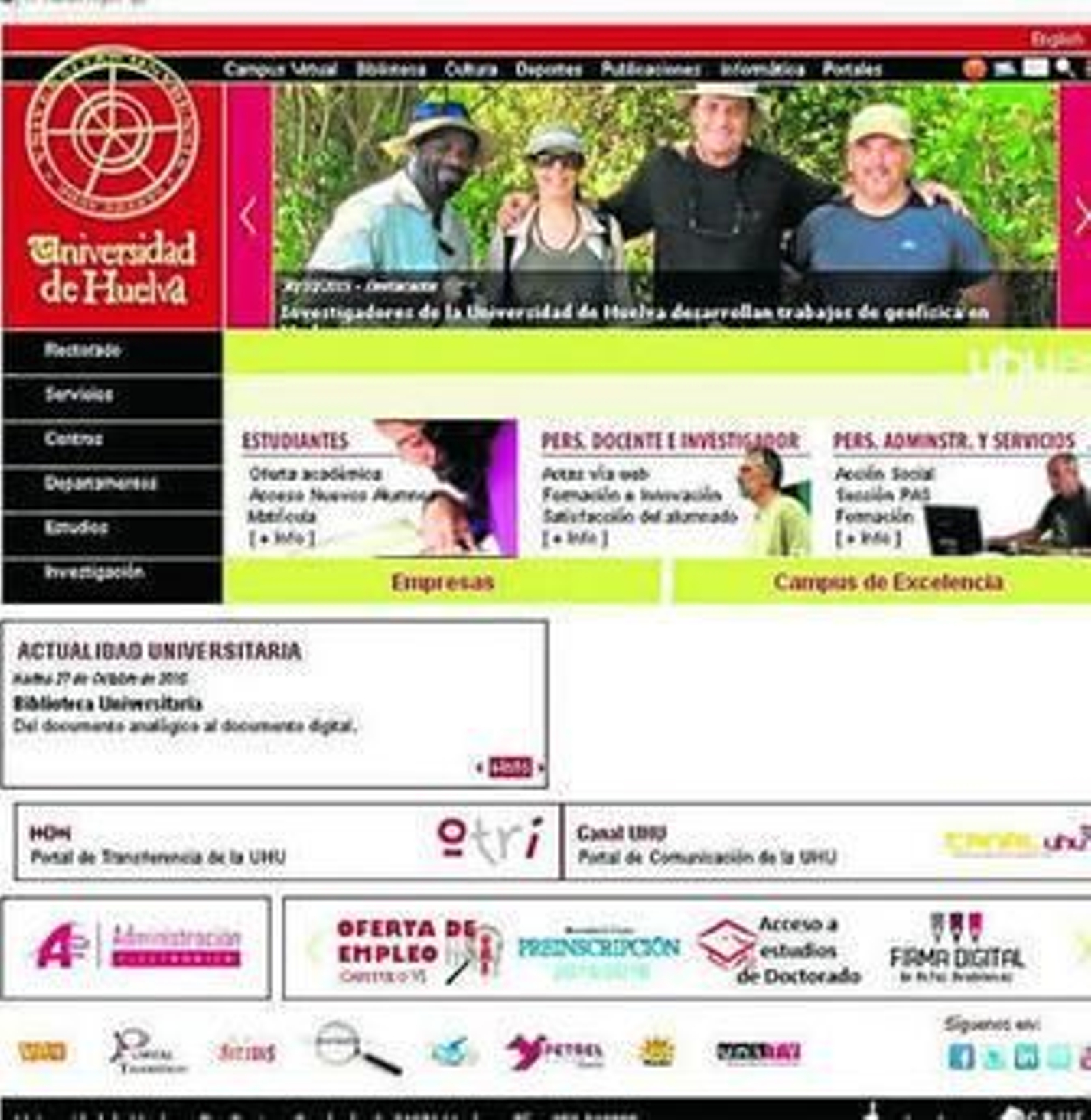 Página de inicio de la 'web' de la Universidad de Huelva.