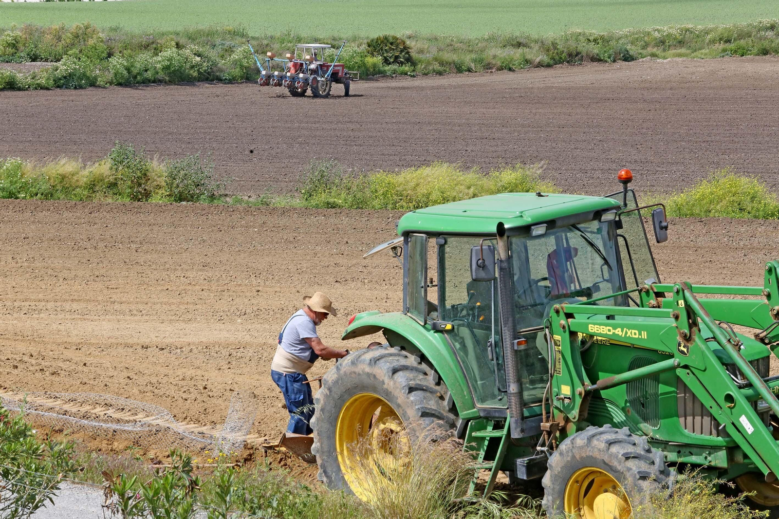 Agricultores preparan las tierras para la siembra con ayuda de tractores.
