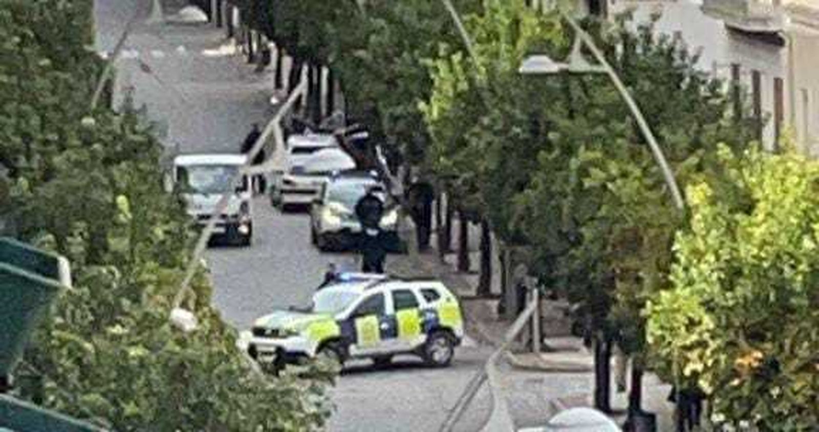 Un patrullero de la Policía Local de Écija, cruzado en la avenida en la que ocurrieron los hechos.
