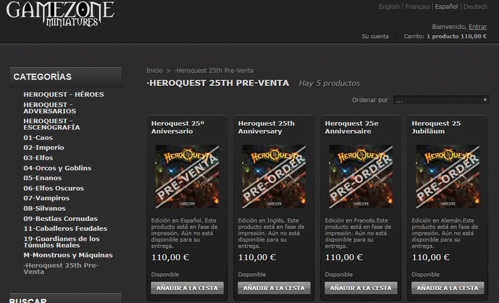 La tienda 'online' de GameZone donde se puede comprar el Heroquest 25 aniversario