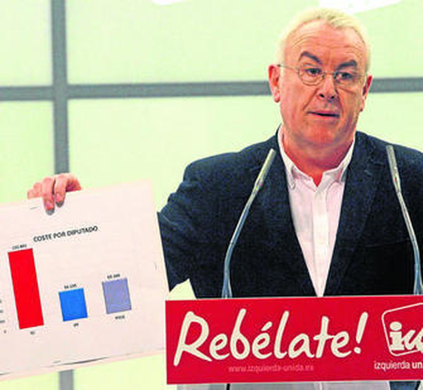 Cayo Lara muestra unos gráficos ayer en rueda de prensa en la sede de Izquierda Unida.