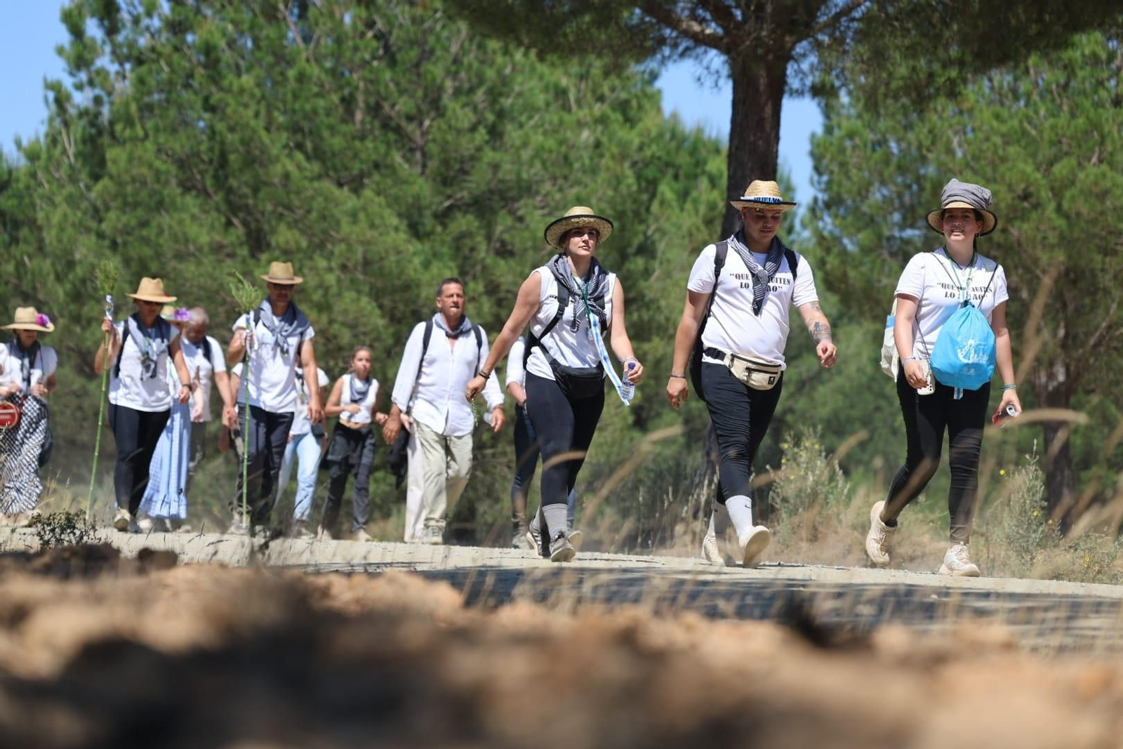 Ambientazo en el camino de Huelva al Rocío este viernes: imágenes de los peregrinos en La Matilla