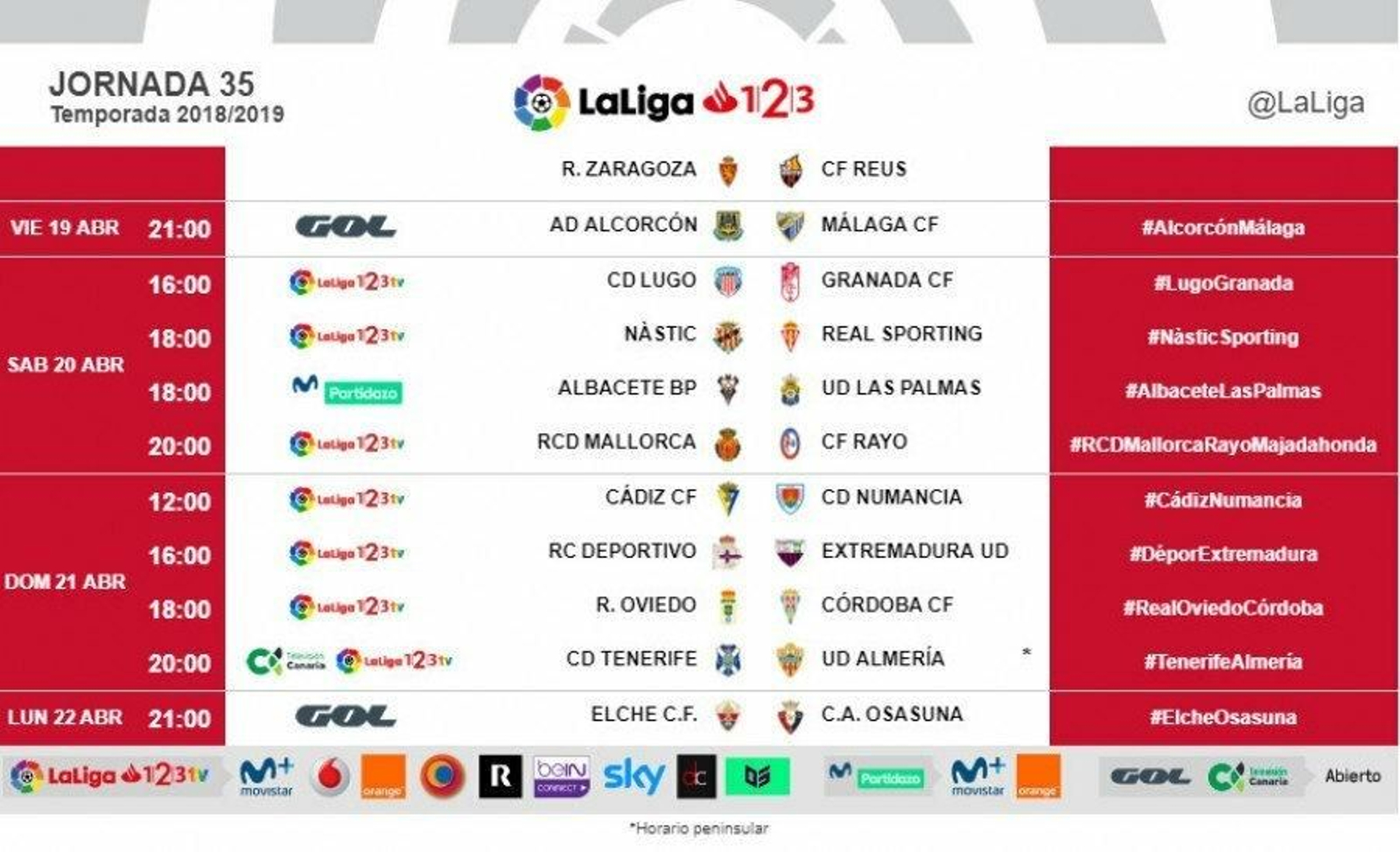 Horarios de la jornada 35 de Segunda División
