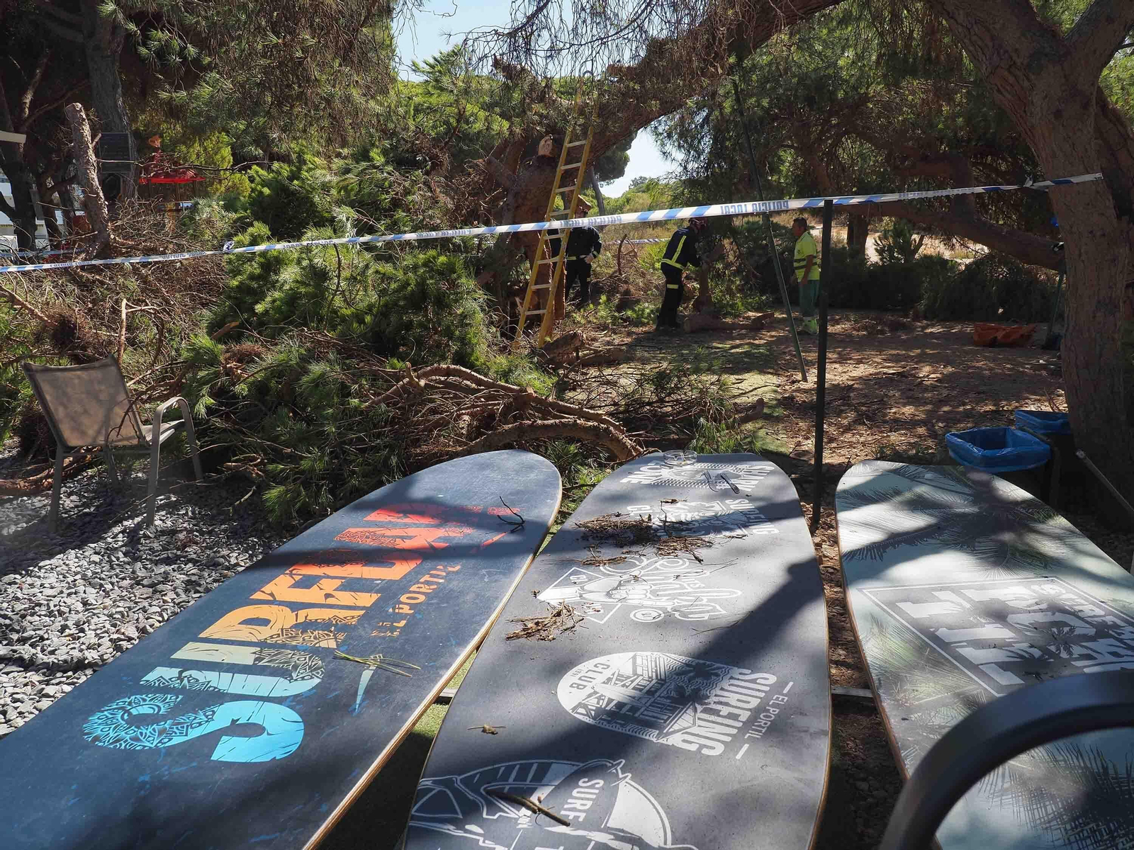 Un pino cae sobre las mesas de un restaurante en Nuevo Portil.