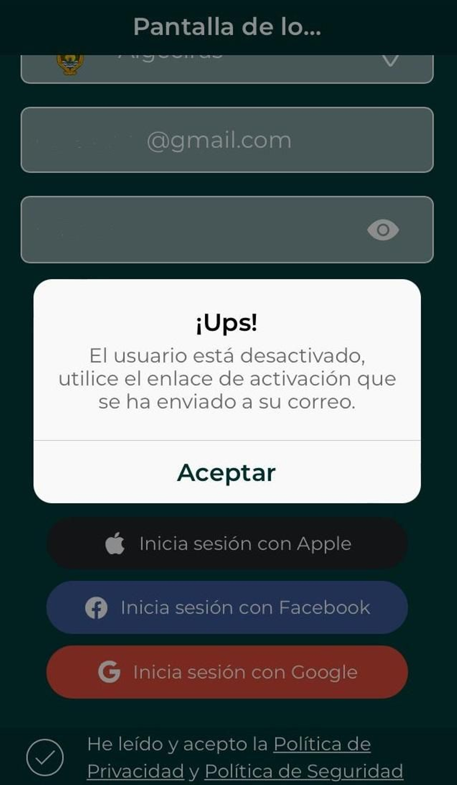 Mensaje de "¡Ups! El usuario está desactivado" en la pantalla de login.