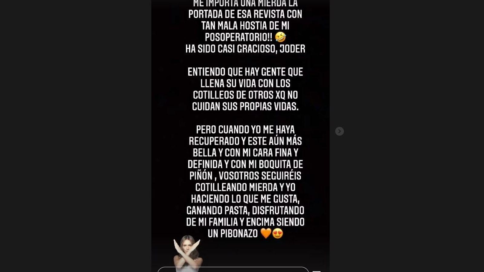 Captura del story de Sofía Cristo en respuesta  a las imágenes de su postoperatorio.