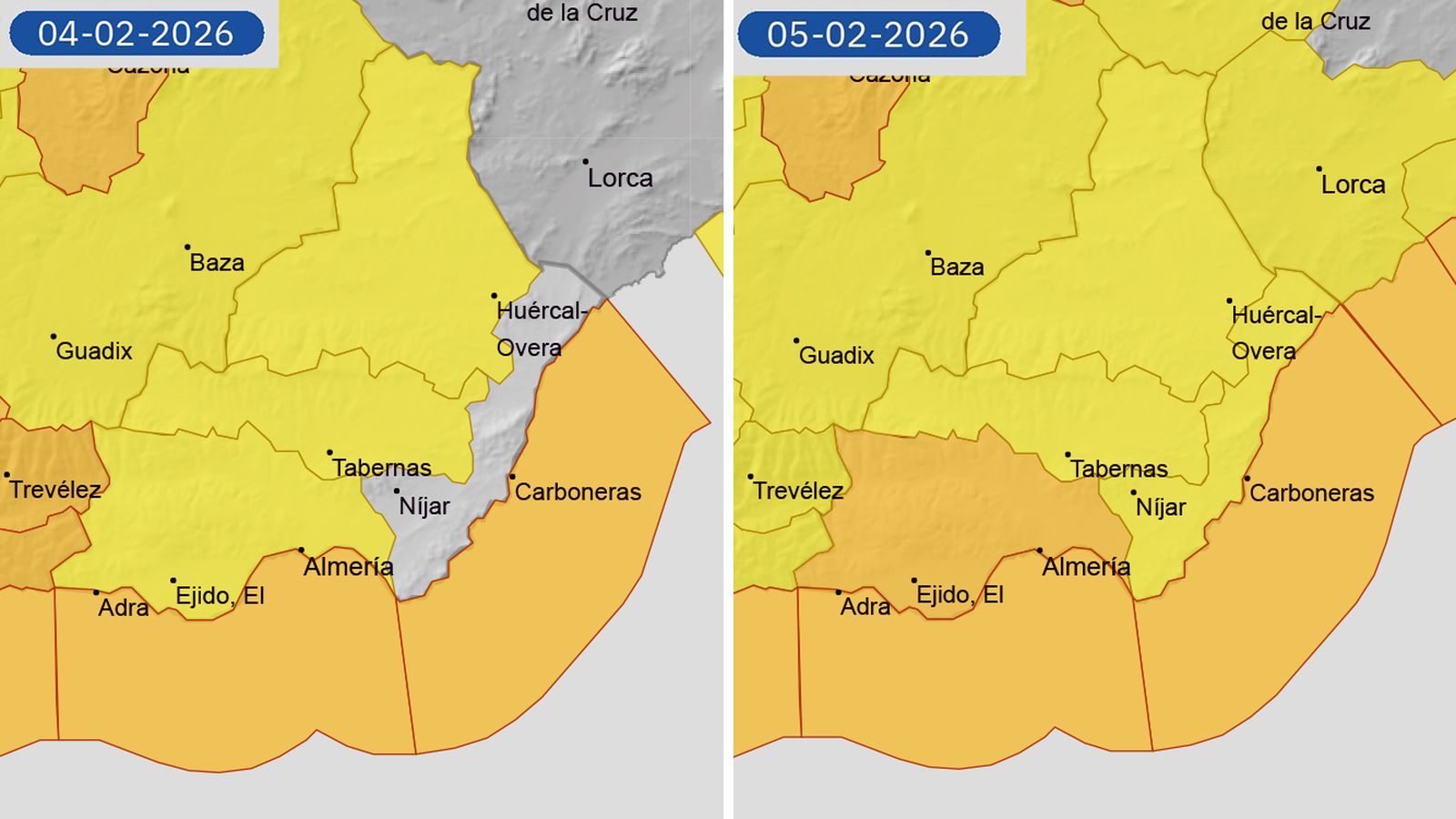 Alertas previstas por Aemet en la provincia de Almería para los días 4 y 5 de febrero.