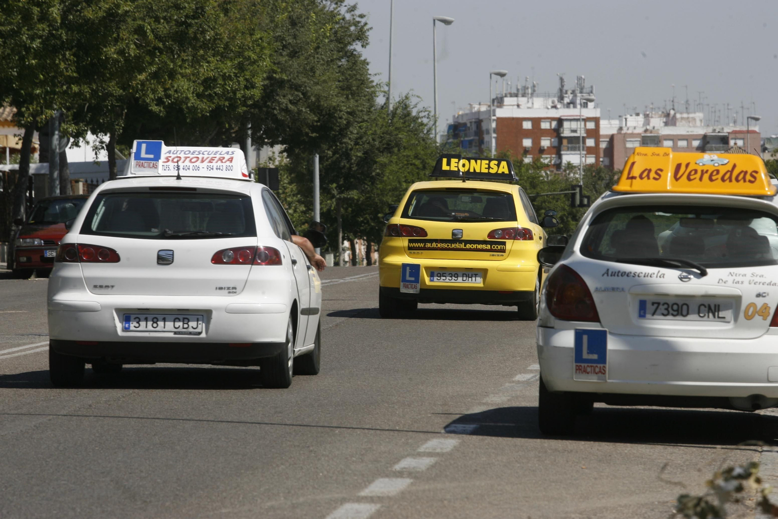 Tres coches de autoescuela por una avenida de Sevilla.