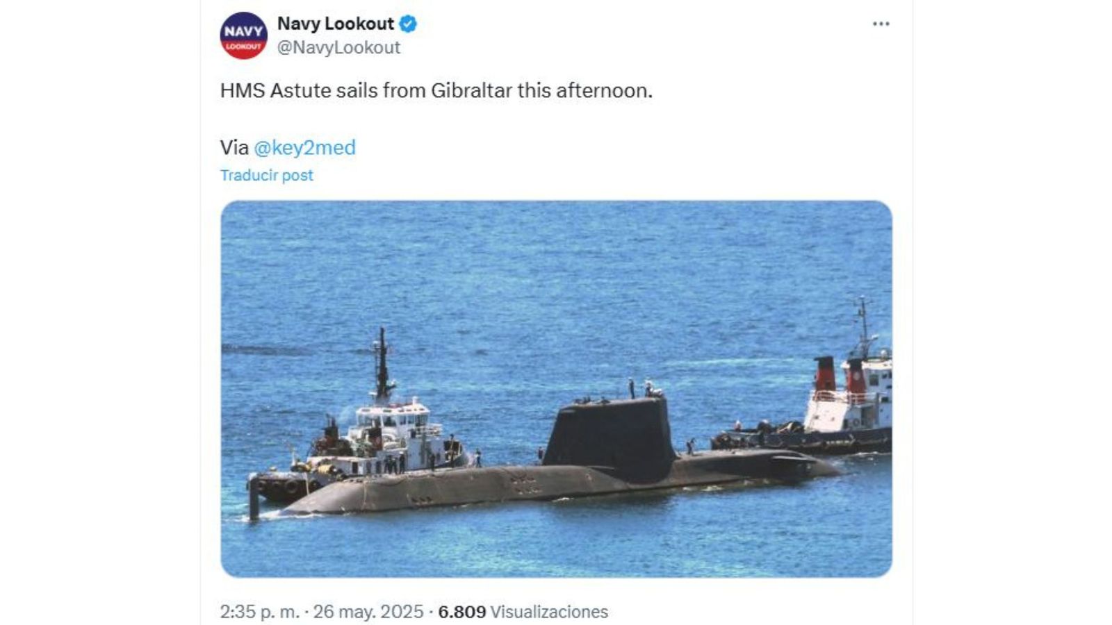 Captura de imagen de la salida de Gibraltar del 'HMS Astute'.