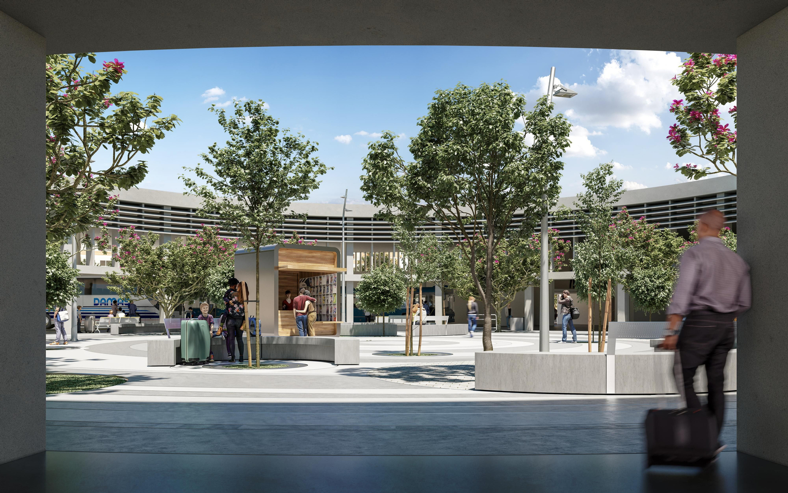 Imagen virtual del patio central de la estación, en la que habrá nuevo arbolado y un quiosco de prensa para los viajeros. Imagen virtual del patio central de la estación, en la que habrá nuevo arbolado y un quiosco de prensa para los viajeros.