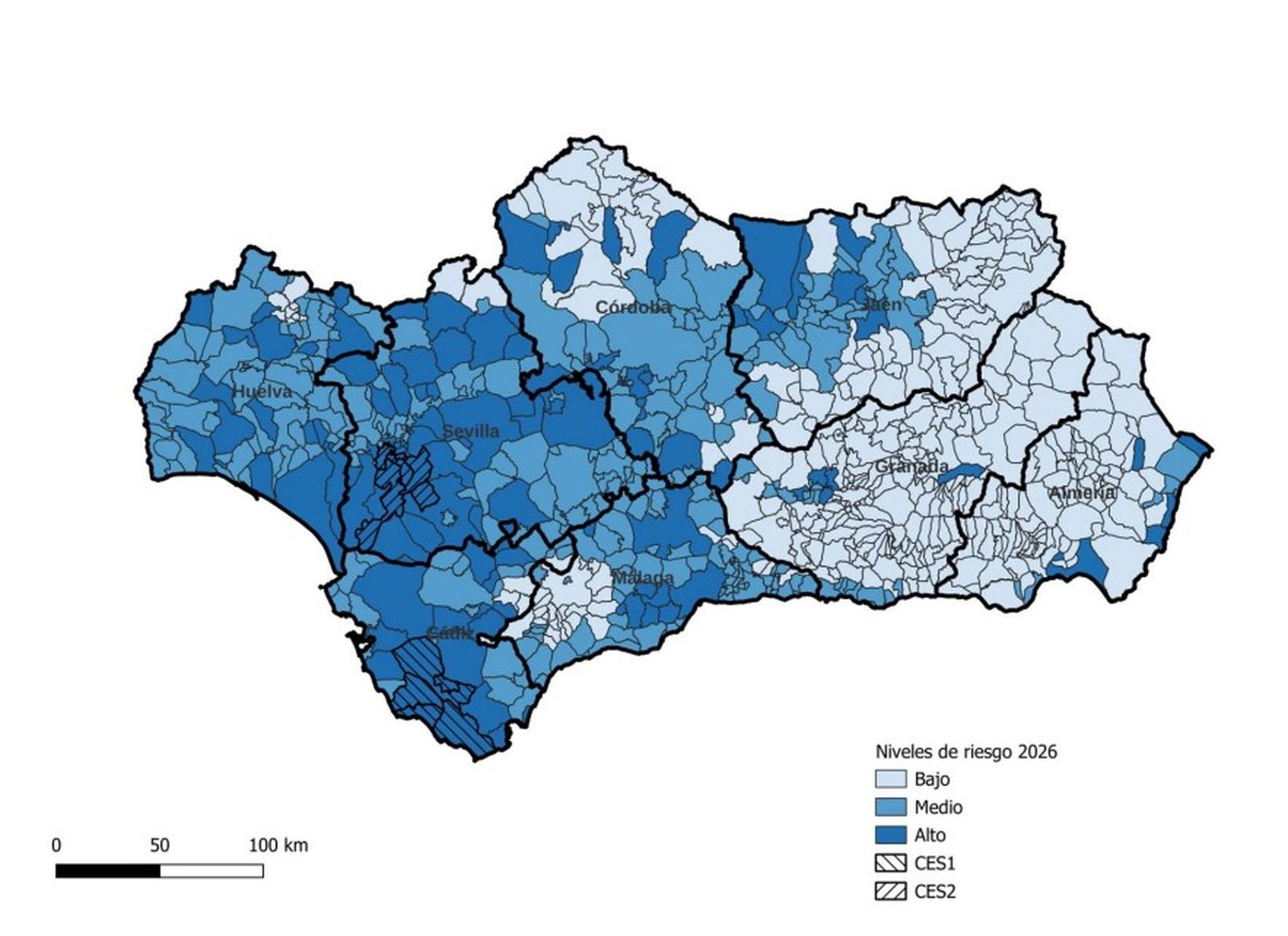 Último informe a fecha de febrero sobre el mapa de riesgo de transmisión de virus del Nilo occidental 2026.